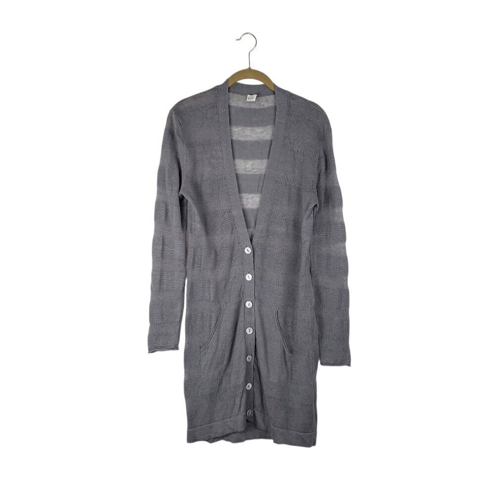 Poetry 100% Linen Longline V-Neck Cardigan Lightweight Gray Stripe US Womens 6
